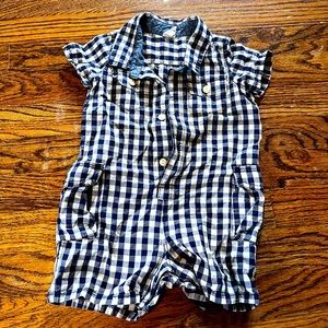 Adorable short-onesie for boys. Navy-cream gingham from Baby Gap